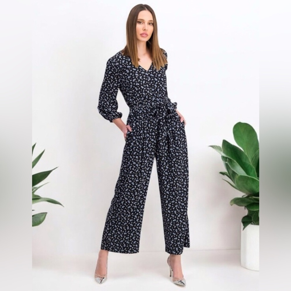 Madewell Black Ruffle-Sleeve Tie-Waist Floral Jumpsuit in Baby’s Breath XS